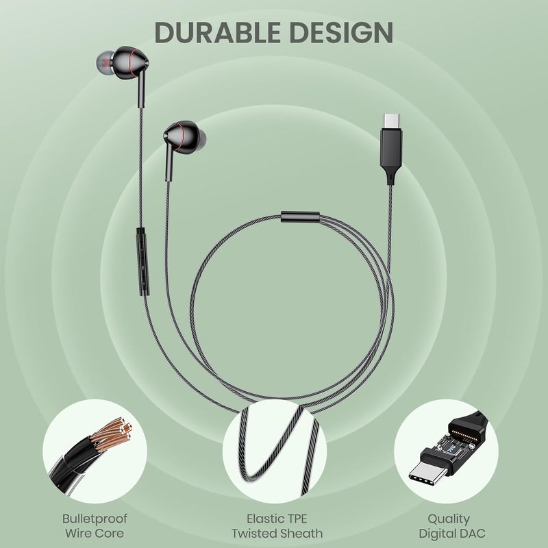 MAXAUX USB-C Wired Earbuds with Microphone, Volume Control, Noise Canceling, Compatible with Samsung Galaxy S24 S23 S22, iPhone 17 16 15 Pro Pro max, Pixel Phones - Image 5